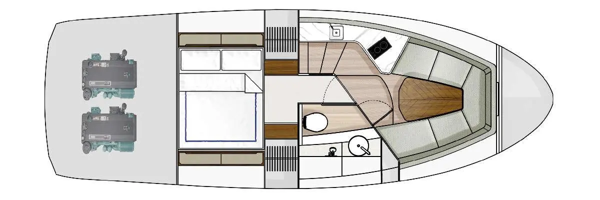 Boat interior layout featuring a double bed, seating area, kitchen, bathroom, and two seating units on the deck.